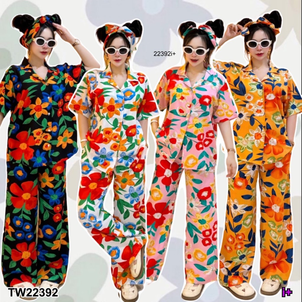CS22392 set 3 ชิ้น เสื้อปกฮาวาย ลายดอกไม้ + กางเกงขายาว กับสายโบว์