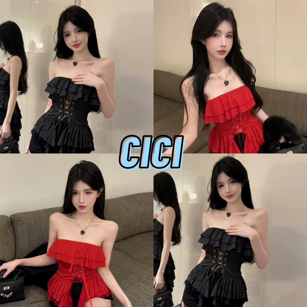 ส่งทันที Cici (NO. J1688) เสื้อเกาะอกผ้าเรย่อนดีเทลผูกคอร์เซ็ตแต่งชายระบายลูกไม้ สไตล์สาวแซ่บแบบพสจีน