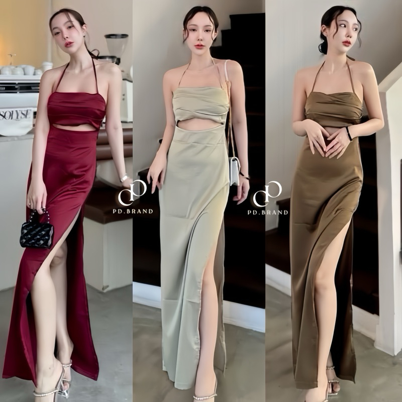 poshie(1109) Broken dressเดรสซาตินยาวใส่ออกงาน