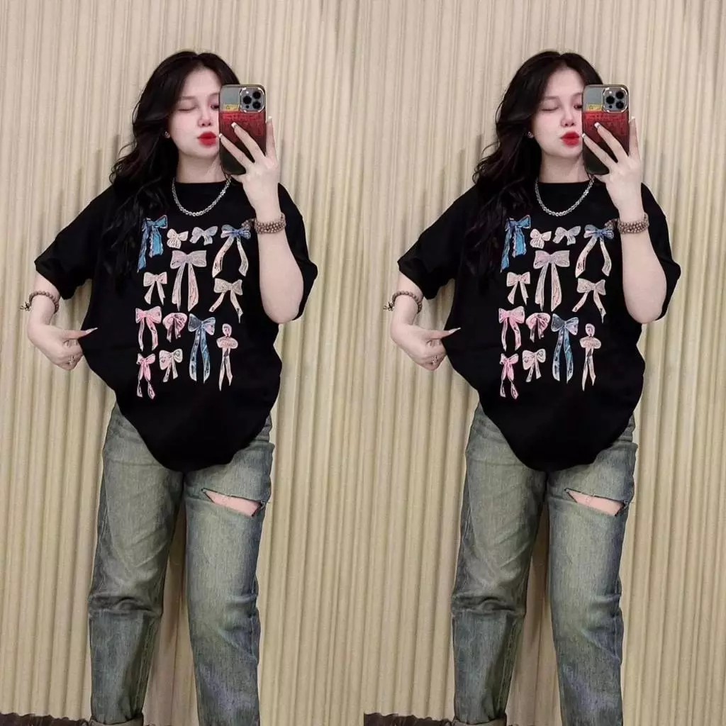 ชุดเซ็ทผู้หญิง พิมพ์ลายโบว์ กางเกงไม่ใช่ผ้ายีนส์ เป็นผ้าคอตตอลผสมทั้งชุด S-7XL ECB