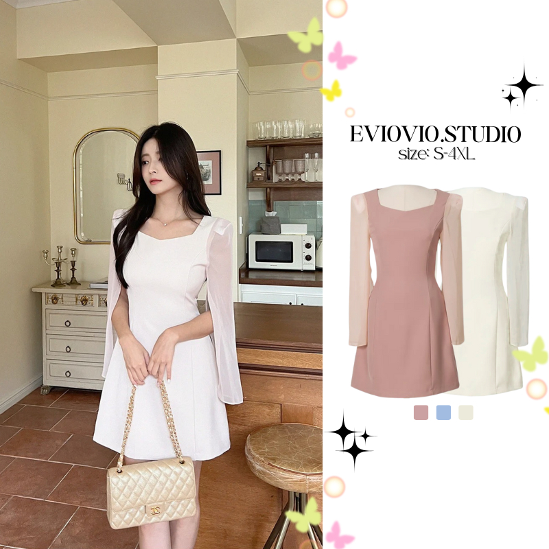 【EVIOVIO】✨S-4XL✨มินิเดรสแขนยาว เอวเข้ารูป สวยสง่า ดูแพง ใส่ออกงาน ทางการ กึ่งทางการ พลัสไซส์ สาวอวบ