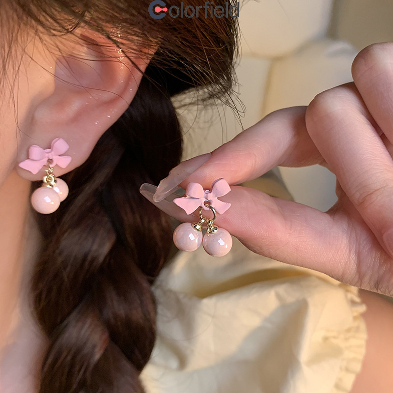 Colorfield ผู้หญิงแฟชั่นสีชมพูห้อยเชอร์รี่ต่างหูหูกระดุมหูเจาะเครื่องประดับเข้ากับทุกการแต่งกาย-ส่งเร็ว🚚