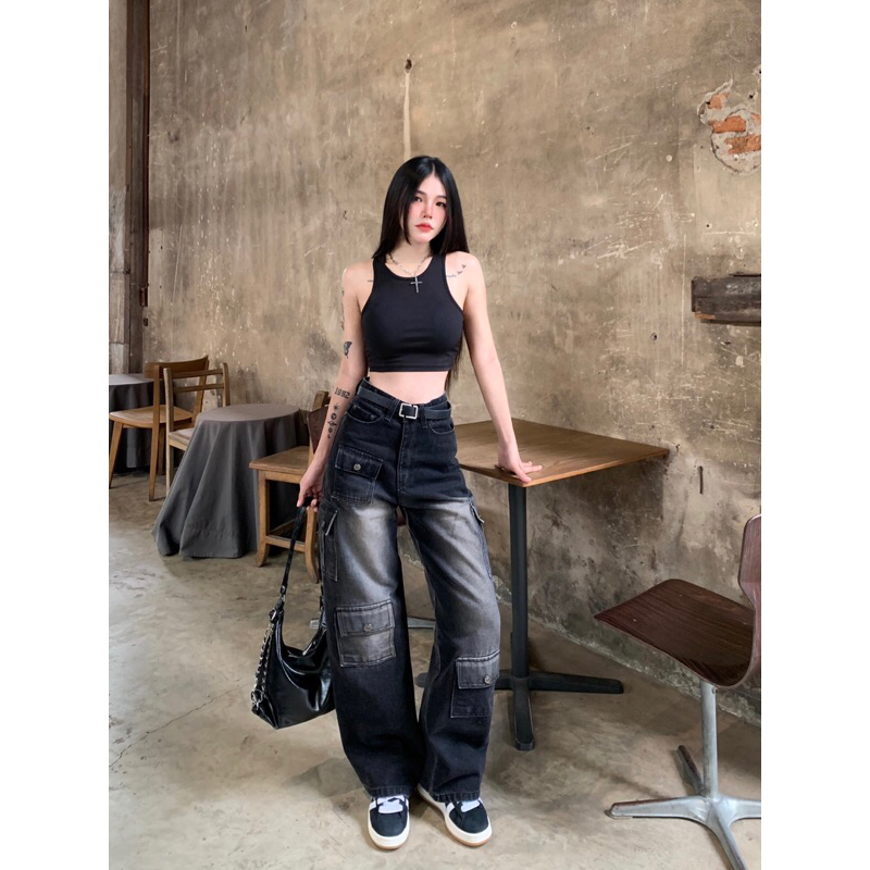 กางเกงยีนส์คาร์โก้สีเทาดำกระเป๋าหน้า รหัส005BB