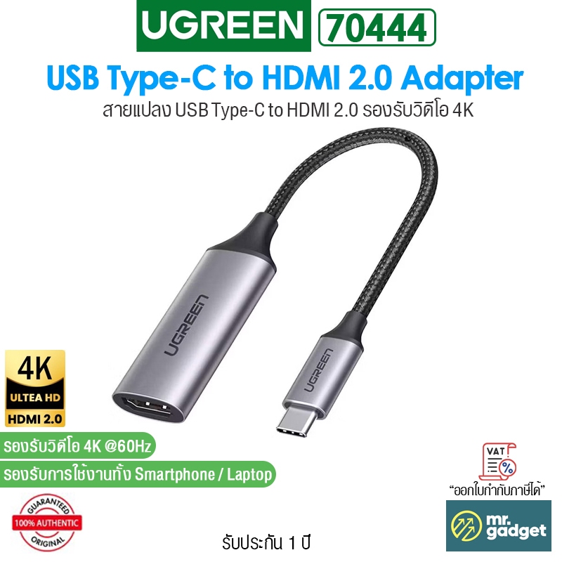 Ugreen 70444 สายแปลง USB Type-C to HDMI 2.0 Adapter รองรับวิดีโอ 4K / 60Hz For Laptop and Smartphone