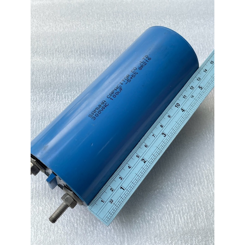 (แพ็ค1ชิ้น) C 100UF 300VAC Samwha มื อ สอง ของถอด สภาพดี60x140mm C 100UF300VAC คาปาซิเตอร์ 100UF 300