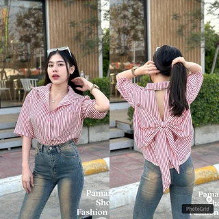 BEIIEW เสื้อเชิ้ตแขนสั้นลายริ้ว ทรงสวยมากๆ ดีเทลมีเว้าด้านหลังแต่งโบว์ใหญ่ เรียบหรู ดูแพงมากๆ ติดกระดุมจริงตามสีเสื้อสวย