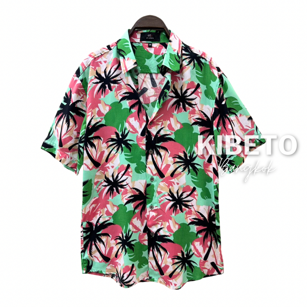 Kibeto เสื้อฮาวาย ลายฟูลมูน สีชมพูเขียว ผ้าสปันเรยอน เนื้อนิ่ม ใส่สบาย M L XL 2XL 3XL