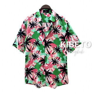 Kibeto เสื้อฮาวาย ลายฟูลมูน สีชมพูเขียว ผ้าสปันเรยอน เนื้อนิ…