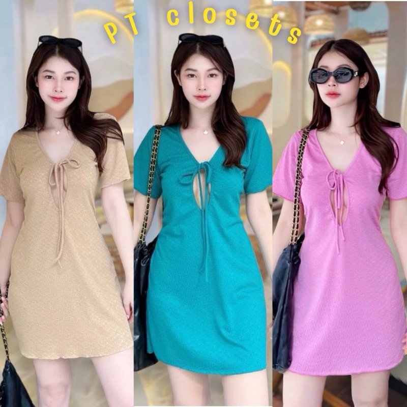 ✔️พร้อมส่ง✔️มินิเดรส แขนสั้น ดีเทลแหวกอก ผูกโบว์ เซ็กซี่น่ารักสุดๆ รุ่นนี้ #SHN06
