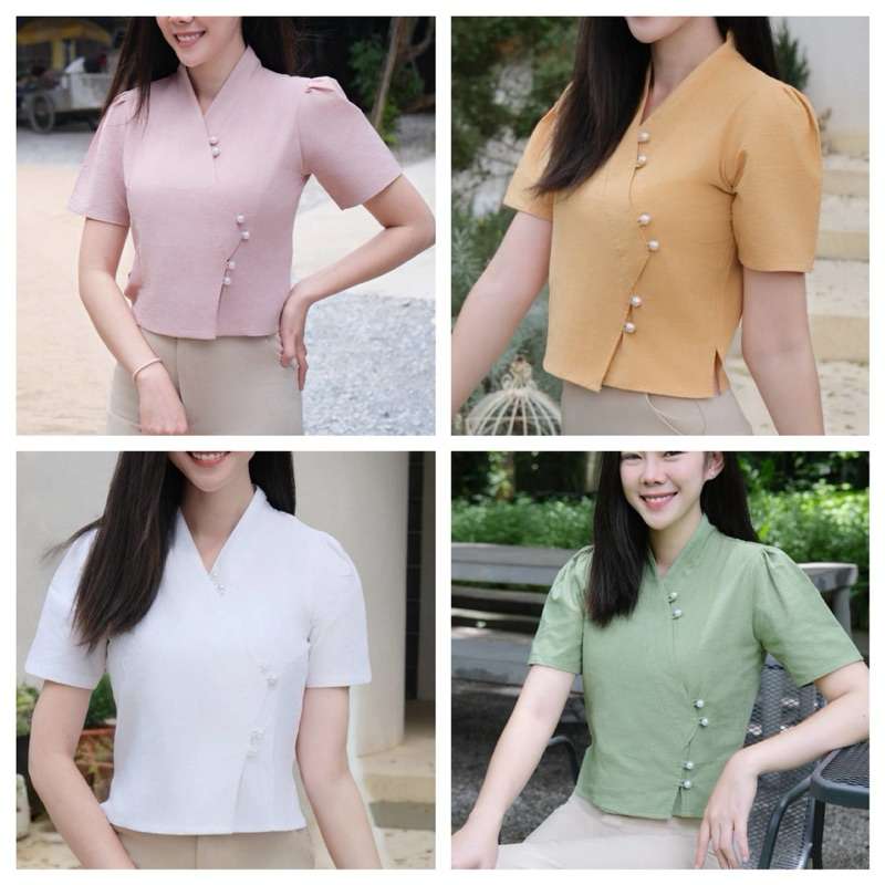 [พร้อมส่ง] เสื้อผ้าฝ้ายทรงป้ายกระดุม6เม็ด ใส่กับกางเกงหรือผ้าถุงได้ อก 34-40นิ้ว ผู้หญิง Women Clothing ผ้าแก้ว