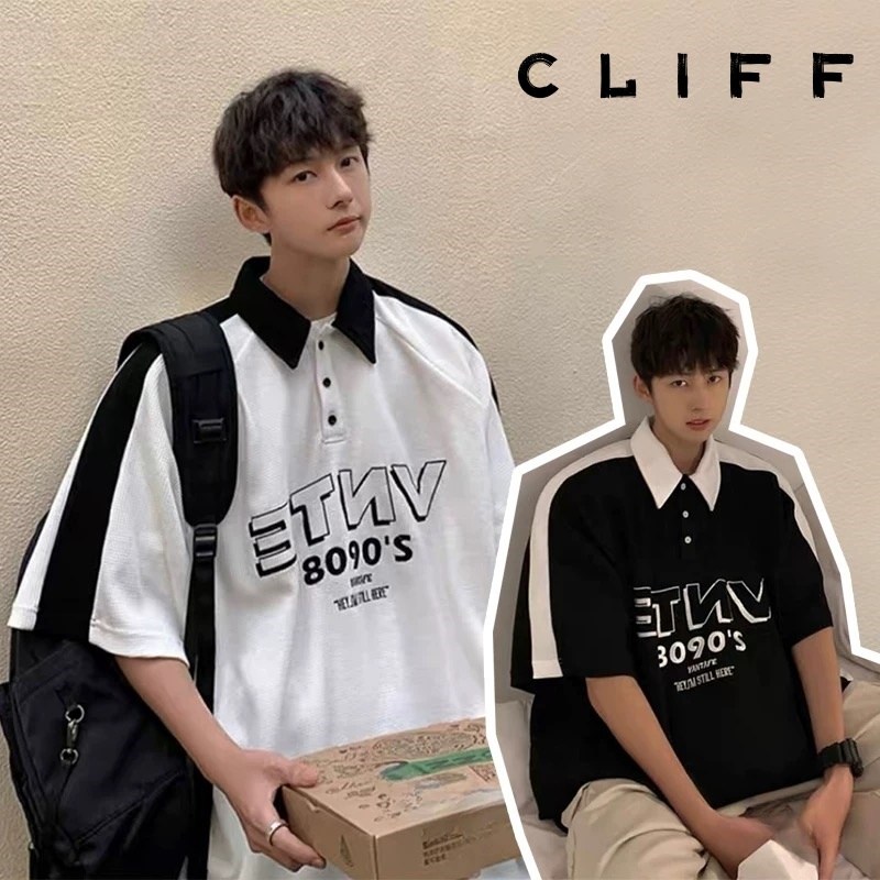 CLIFF เสื้อโปโลผู้ชาย สไตล์วิทยาลัย พิมพ์ลายตัวอักษร แฟชั่นยอดนิยม แบบหลวม ชุดคู่รัก