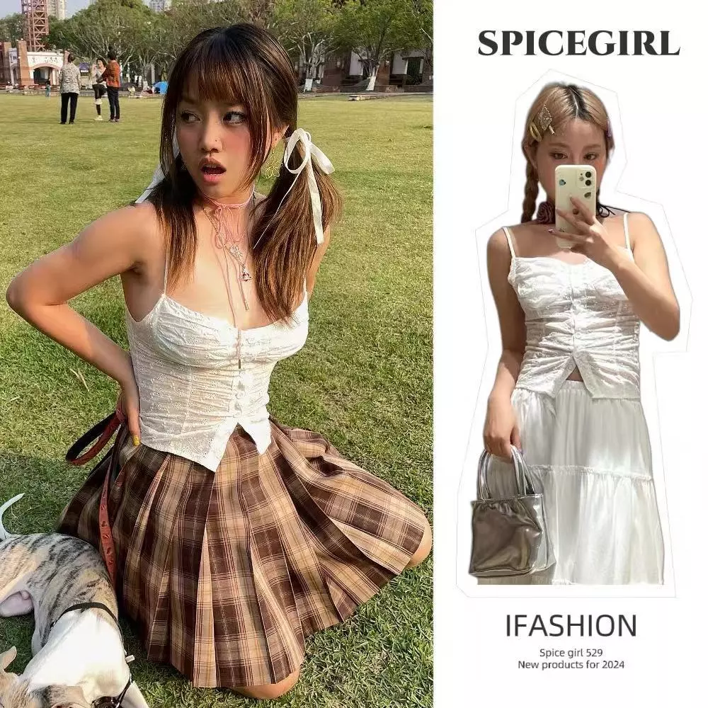 🎄Spice girl🎄เสื้อกล้ามลูกไม้สีขาว กระดุมหน้า ลายมินิดอกไม้ สไตล์ฝรั่งเศส เข้าได้กับทุกลุค เซ็กซี่และน่ารัก
