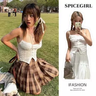 🎄Spice girl🎄เสื้อกล้ามลูกไม้สีขาว กระดุมหน้า ลายมินิดอกไม้ สไตล์ฝรั่งเศส เข้าได้กับทุกลุค เซ็กซี่และน่ารัก