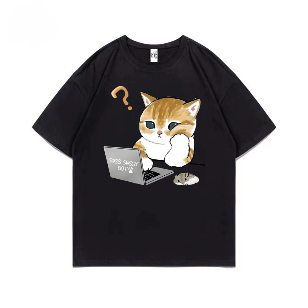 เสื้อยืดคอกลมแขนสั้น วินเทจ ลายแมวโน๊ตบุ๊ค ผ้านิ่มใส่สบาย ES-411