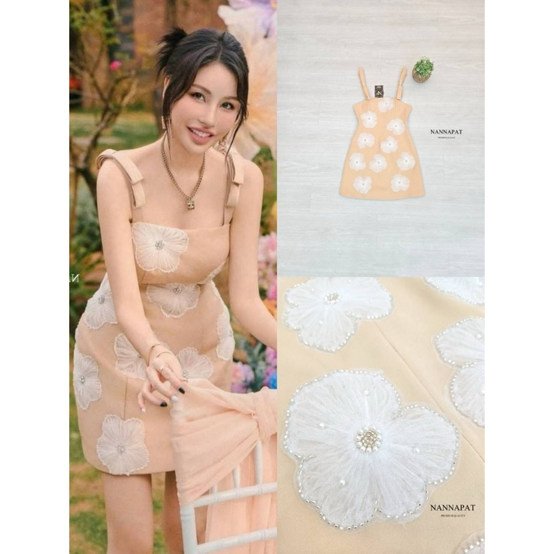 M10 งานป้าย Nannapat Dress ชุดเดรสสั้นแต่งดอกไม้3D สำหรับผู้หญิง เสื้อผ้าแฟชั่นผู้หญิง ไซส์ S-XL