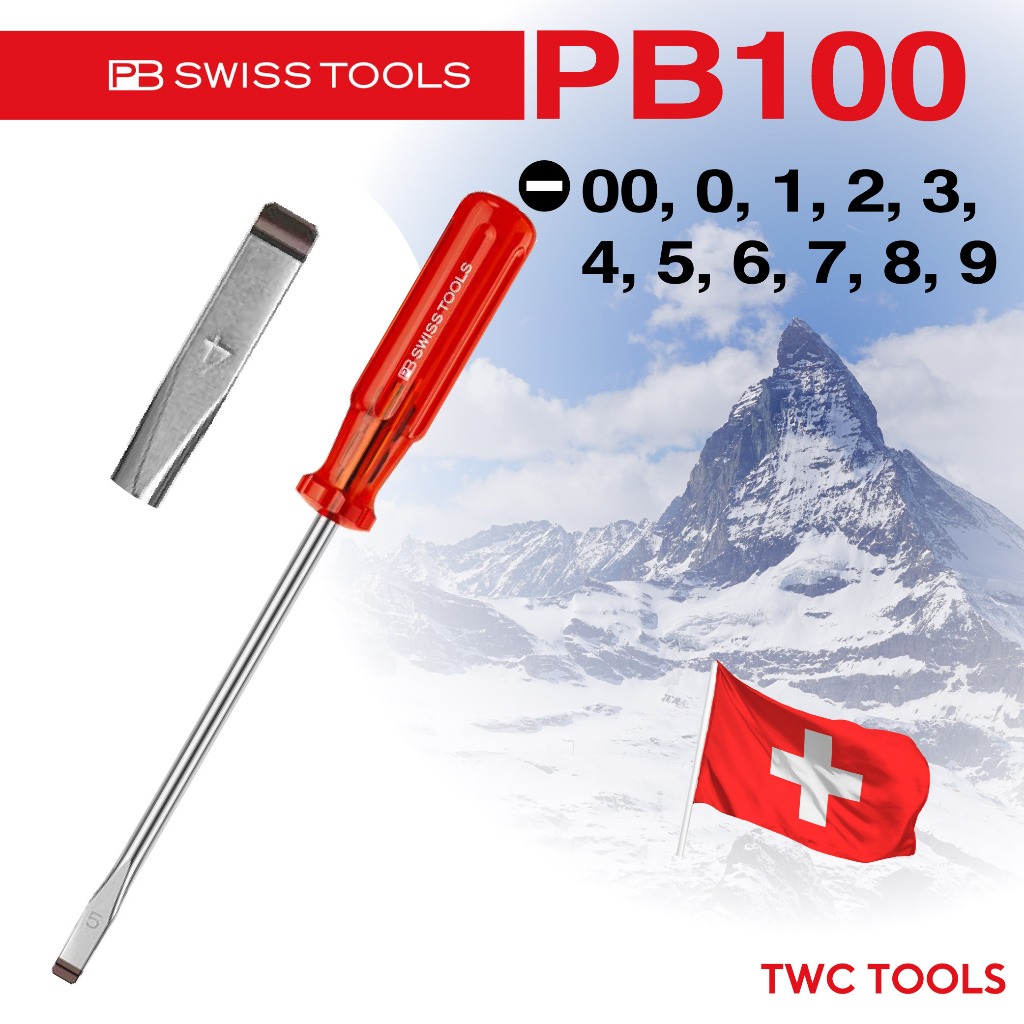 PB Swiss Tools ไขควง แบน รุ่น PB 100 ปากแบน ขนาด No.2 - 18 มม. ด้ามพลาสติก Swiss Made PB100