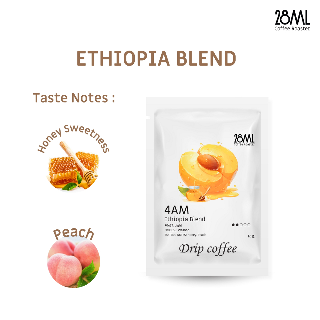 กาแฟดริปแบบซอง 28ml Ethiopia Blend คั่วอ่อน หอมพีช กลิ่นน้ำผึ้ง | Drip Bag Coffee อาราบิก้า 100% (ขน