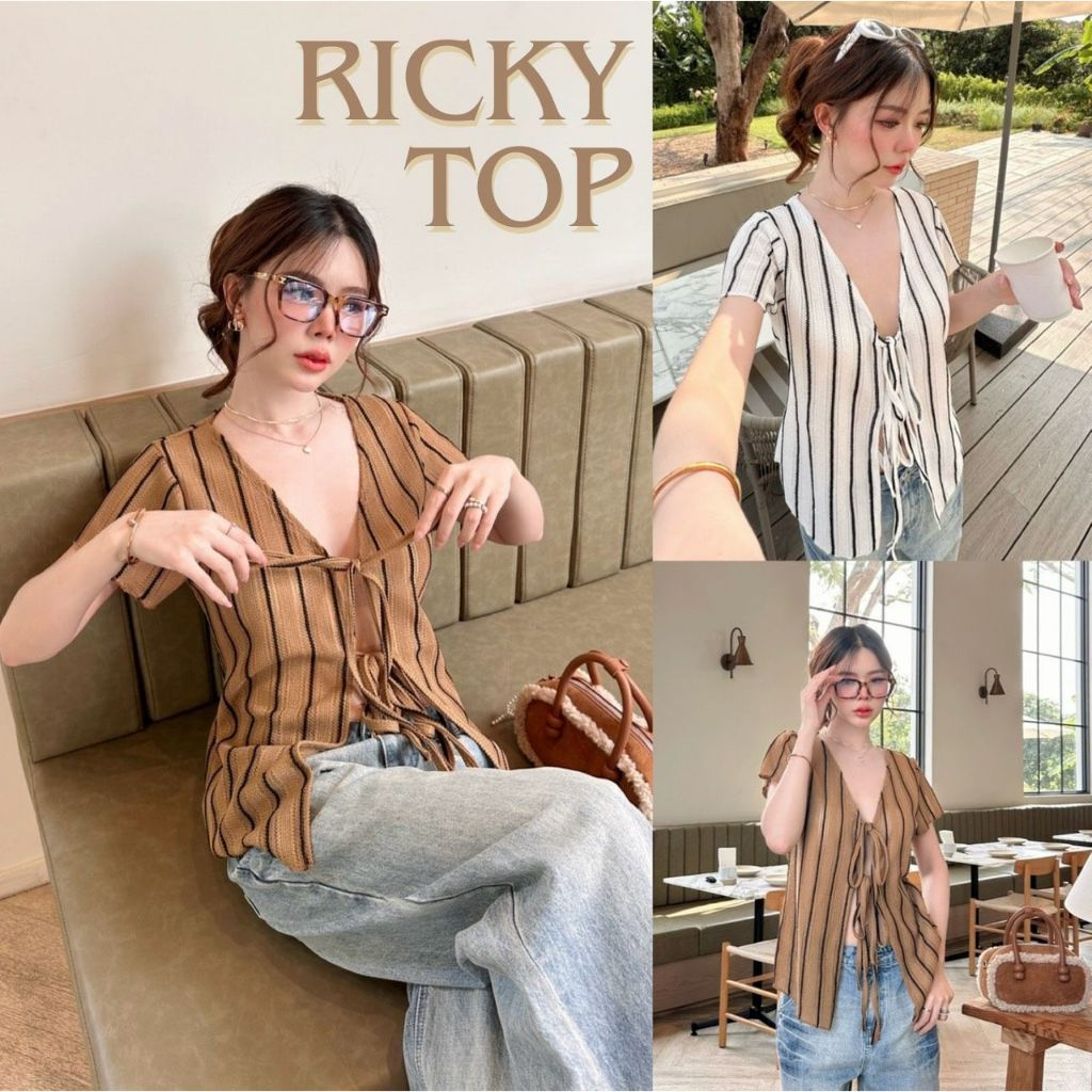 RICKY: เสื้อถักแขนสั้นผูกอก เสื้อแขนสั้นผูกอกผ้างานถัก สวย ลายทาง สาวอวบใส่ได้ ทะเล ภูเขา คาเฟ่ ARPA (S014)