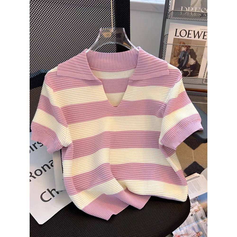 (ใหม่/พร้อมส่ง#23250)เสื้อแขนสั้นโปโลคอวีผู้หญิง เสื้อครอป ลายทาง สวมใส่สบาย ใส่ได้ทุกโอกาส – โปรปัง
