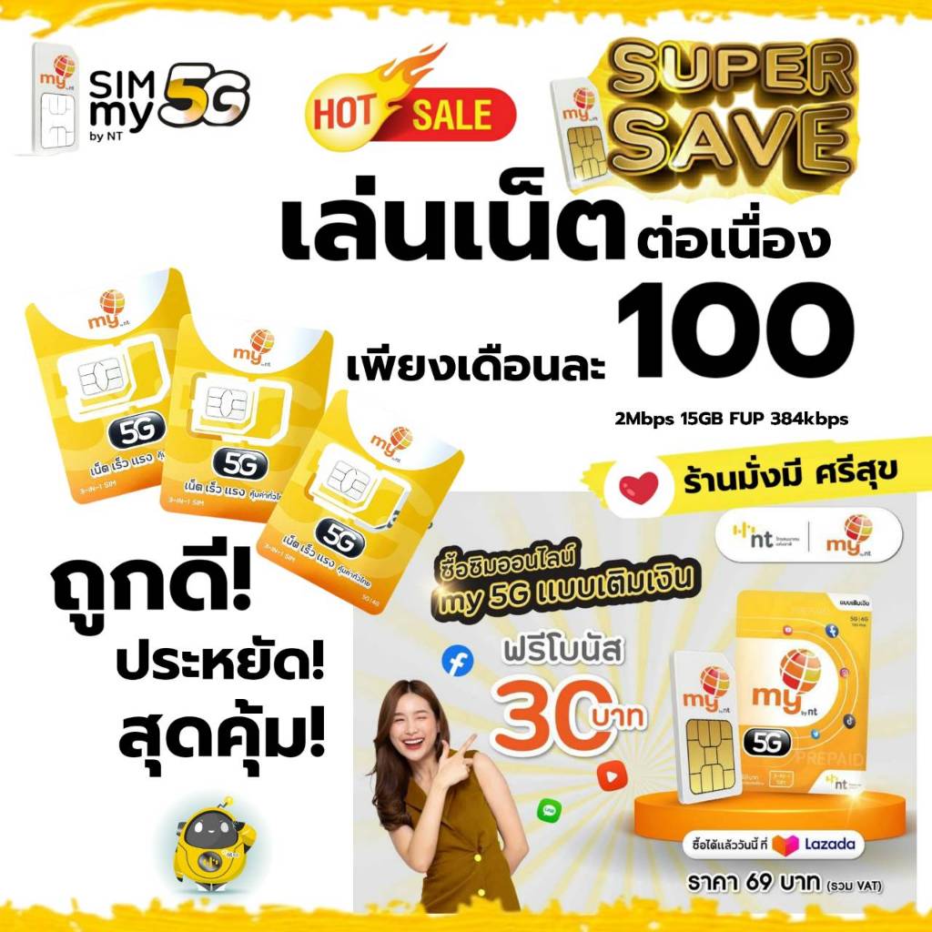 ถูกดี สุดคุ้ม (no.2)ซิมมาย เล่นเน็ตต่อเนื่อง ตลอด 30วัน เพียง 100 บาทต่อเดือน (2Mbps 15GB FUP 384kbp