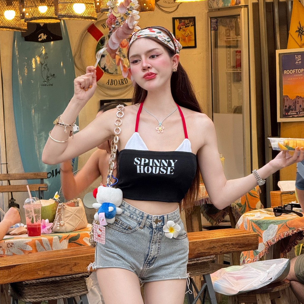 🌈MesubShop🌈ชุดเล่นน้ำสงกรานต์ 💦 เสื้อบิกีนี่ไม่มีฟอง เสื้อเกาะอกสกรีนลาย รุ่น บิกีนี่ทูโทน+เกาะอกยูนิSPINNY