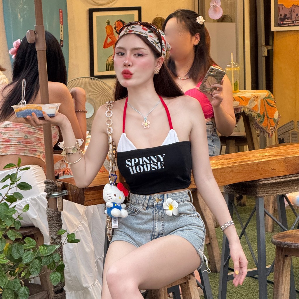 ชุดเล่นน้ำสงกรานต์ 💦 เสื้อบิกีนี่ไม่มีฟอง เสื้อเกาะอกสกรีนลาย บิกีนี่ผูกเชือก รุ่น บิกีนี่ทูโทน+เกาะอกยูนิSPINNY