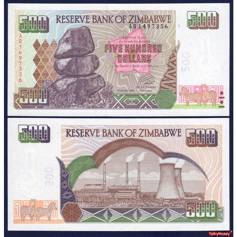 ธนบัตร ซิมบับเว Zimbabwe 500 ดอลลาร์ ปี 2001-2004 P-11 ใหม่เอี่ยม ไม่ผ่านใช้ แบงค์สะสม ที่ระลึก