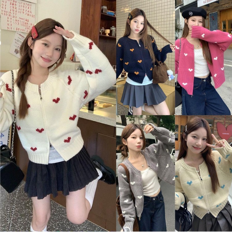 เสื้อกันหนาวคาร์ดิแกนผู้หญิง ไหมพรมกันหนาว  จั๊มปลายแขนและชายเสื้อ ทอลายหัวใจ ผ้านุ่มมาก #395