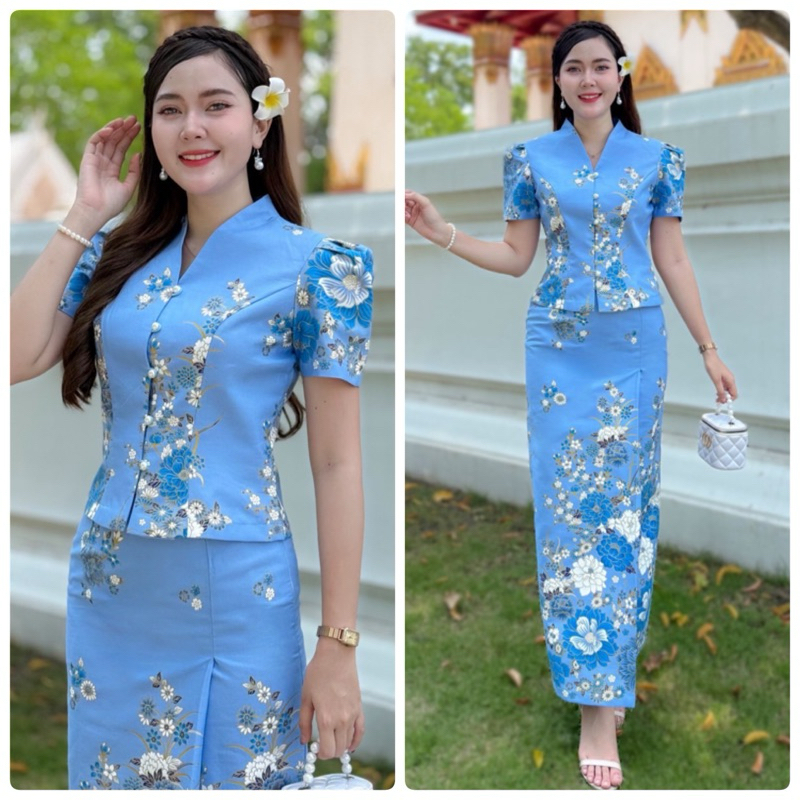 HM SET 2 ชิ้น ชุดไทยผ้าปาเต๊ะสีฟ้า  เซตชุดเช็ท ปาเต๊ะ ลายกิมโมโน สีฟ้า  ผ้าปาเต๊ะcotton 100% คอปีน ก