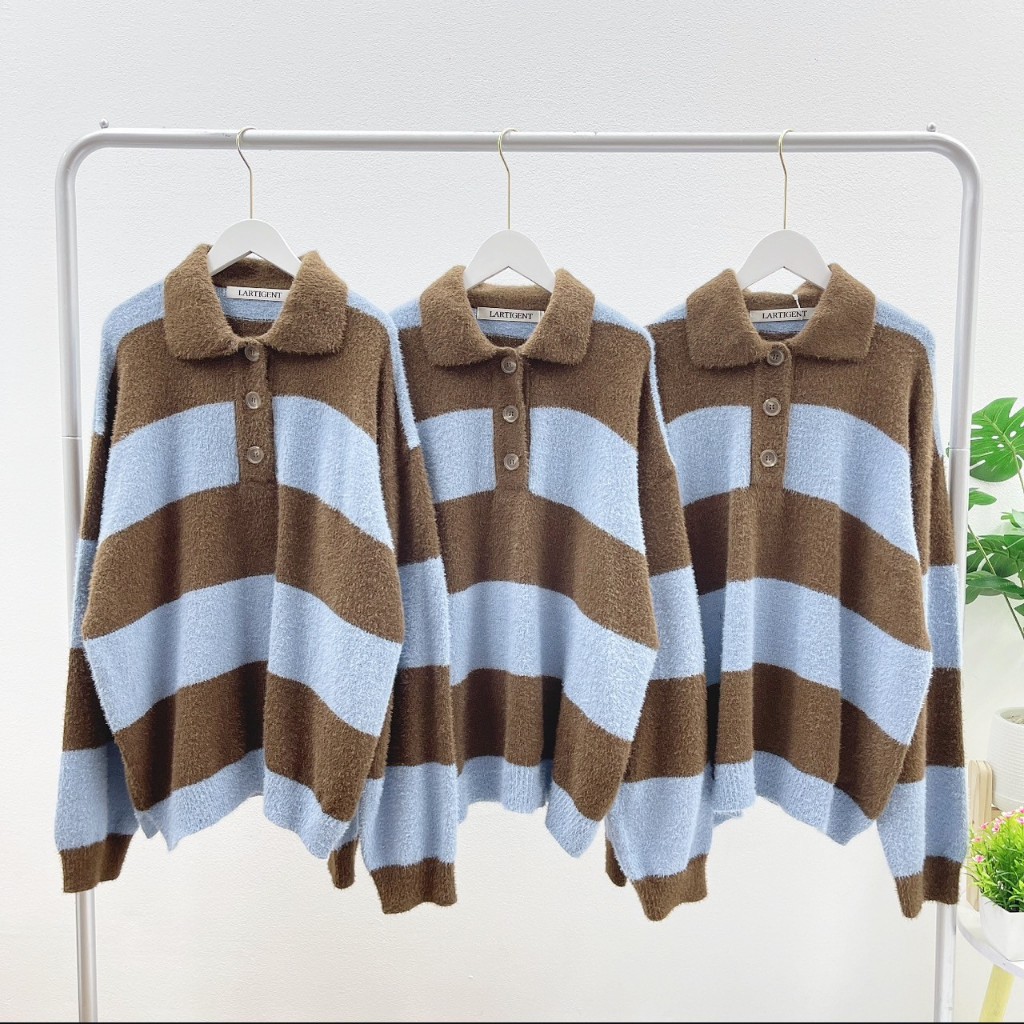 Lartigent Stripe polo knit (Blue/Brown)