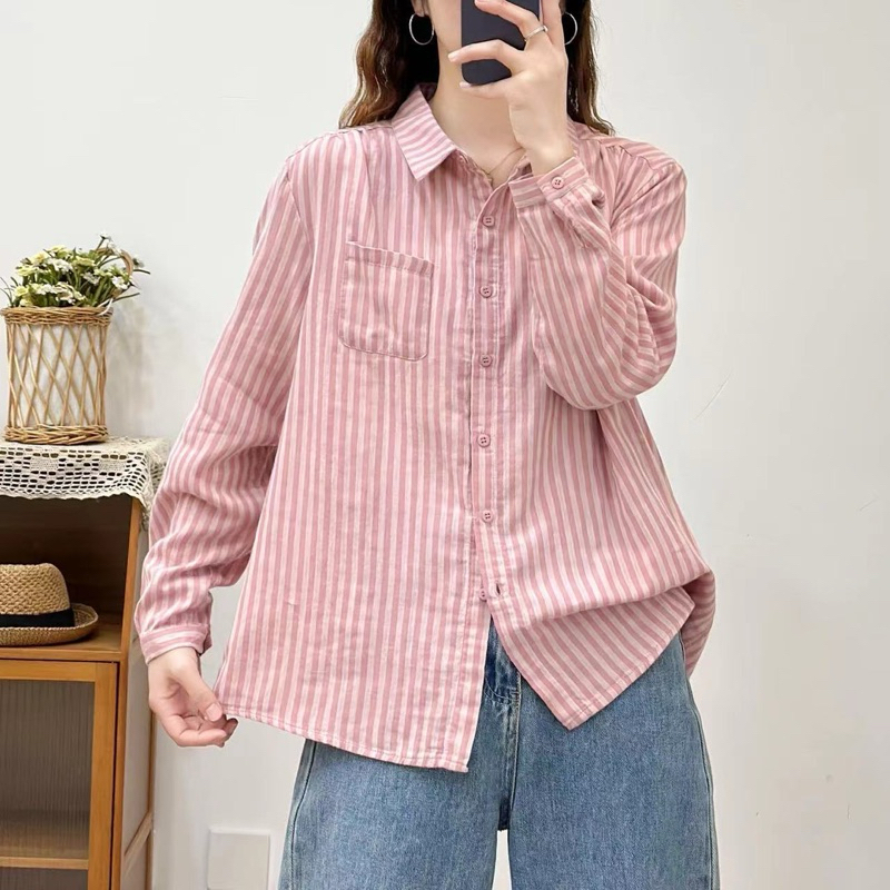 เสื้อเชิ้ตแขนยาว ลายทาง [เสื้อดำ] พาสเทล 40-45🌈 3สี เสื้อทำงานผู้หญิง สไตล์ญี่ปุ่น มินิมอล มูจิ ผ้าสาลู HerbieStyle