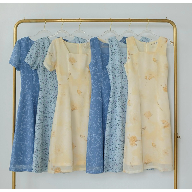💙🌻Limited fabric เดรสคอเหลี่ยมทรงเอเข้ารูป ผ้าชีฟอง** ไซส์อยู่รูป2-4(ไม่มีปรับไซส์)