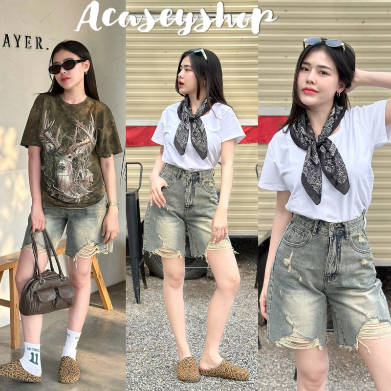 Acasey กางเกงยีนส์ผู้หญิง ขาสั้น ขา3ส่วน ปลายลุ่ย maygan ใส่ได้ทั้งชายและหญิง