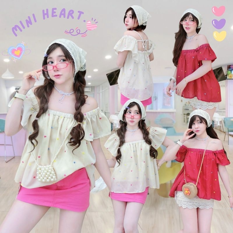 Mini Heart เสื้อผ้าฝ้ายปักหัวใจ มินิฮาร์ท แขนระบาย เชือกผูกหลัง มีซับใน ไปคาเฟ่ทะเลมีต้องมีรุ่นนี้เลย น่ารักมาก