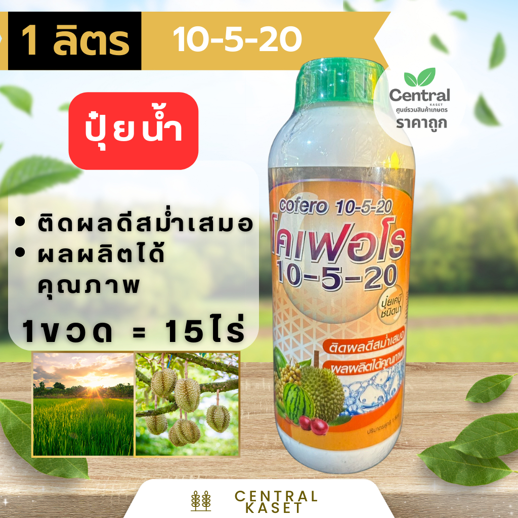 โคเฟอโร ปุ๋ยน้ำ 10-5-20 ติดผลดี ผลผลิตได้คุณภาพ ขนาด 1 ลิตร ใช้ได้ 15 ไร่