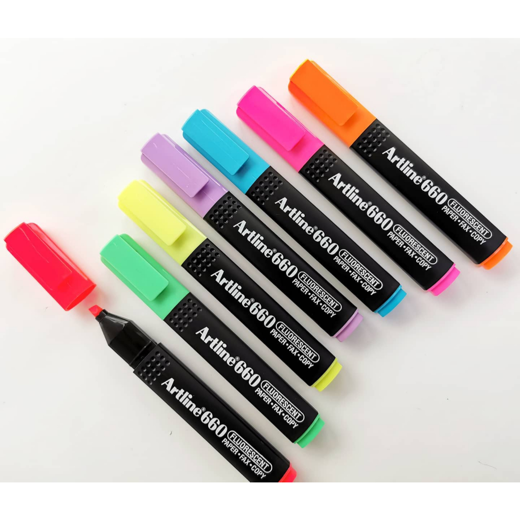 Artline ปากกาไฮไลท์ ชุด 4ด้าม , ชุด 7ด้าม (สีเหลือง, ส้ม, ชมพู,  เขียว, ฟ้า, แดง, ม่วง) เน้นข้อความ หัวแข็งแรง