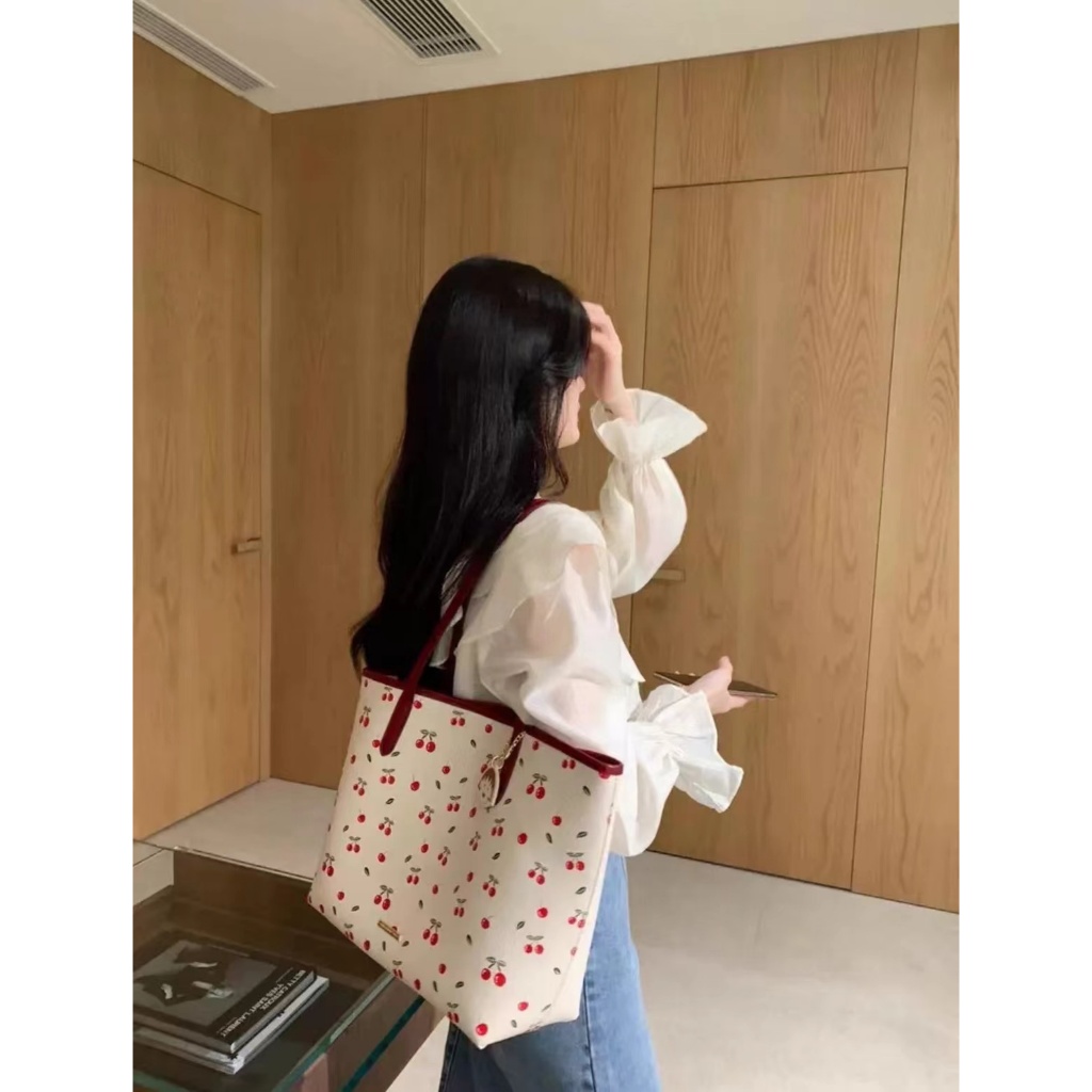 กระเป๋าโท้ทขนาดใหญ่กระเป๋าสะพายไหล่กระเป๋าผู้หญิงกระเป๋าโท้ทเชอร์รี่ฤดูร้อนอินพร็อพกระเป๋าช้อปปิ้ง - รูปที่ 3