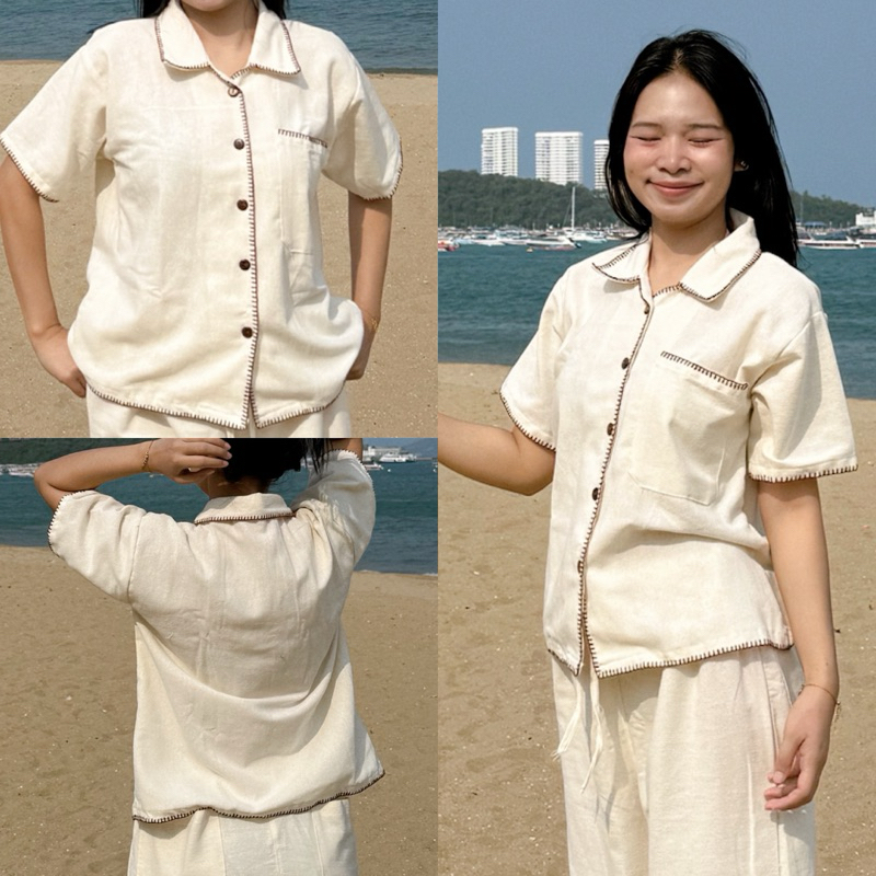 studio.wara👚เสื้อคอปก  สีครีม (งานปักมือ)  ( ฟรีไซส์ อก40 )  S-L ใส่ได้ 👚