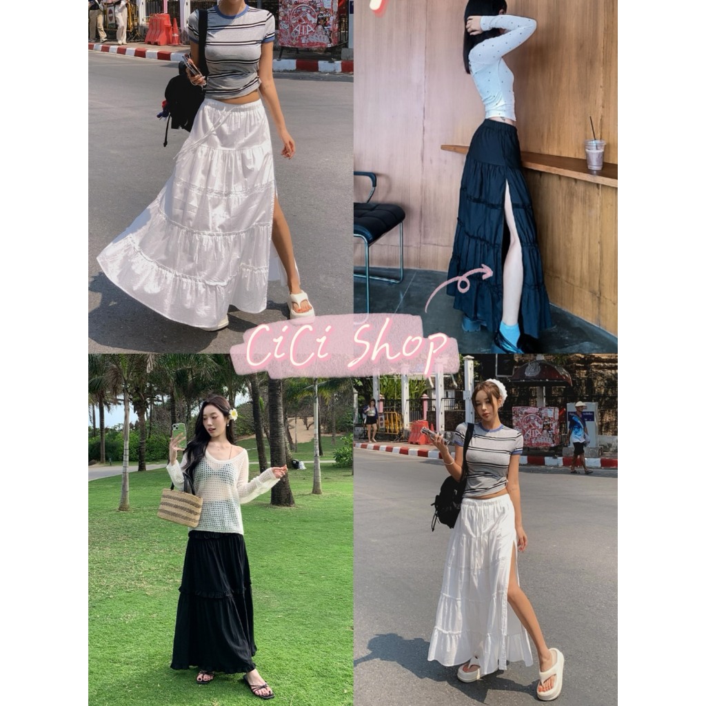 Cicishop(111)กระโปรงยาวผ่าข้าง ผ้าคอตตอล เอวสม็อค สไตล์มินิมอล