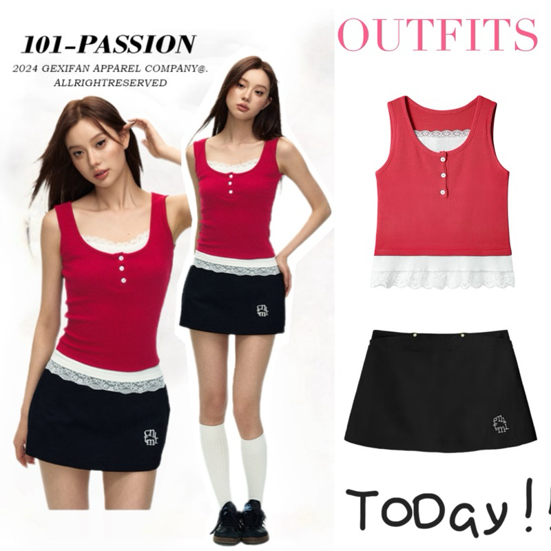 STR พร้อมส่ง💗ชุดเซ็ทy2k ชุด2ชิ้น ชุดเซ็ทลายเสื้อ เสื้อกล้ามแต่งลูกไม้+กระโปรงสั้น ชุดคุณหนู แฟชั่นสาวเกาหลี ชุดไปคาเฟ่