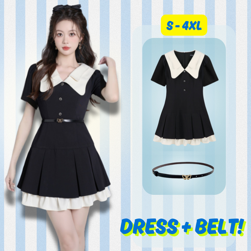 【🌟เดรส🌟】ใหม่ เดรสแขนสั้น + เข็มขัด สไตล์เกาหลี ปกบัวใหญ่ กระโปรงระบาย 2 ชั้น ใส่ทำงาน ออกเดท ลุคคุณหนูสุดหรู เดรสสาวอวบ