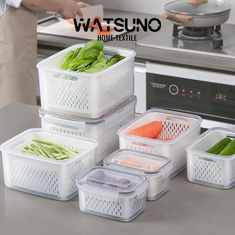 Watsuno.กล่องเก็บของในตู้เย็น กล่องถนอมอาหารในตู้เย็น มีกระชอนแบบถอดได้และมีฝาปิด กล่องเก็บผัก กล่องเก็บเนื้อ ภาชนะใส่อ
