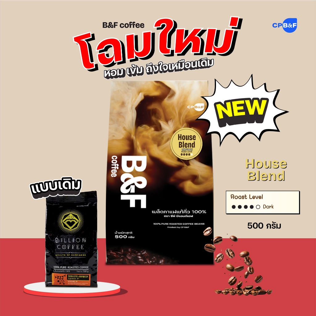 เฮ้าส์ เบลนด์ เมล็ดกาแฟแท้คั่ว100% (คั่วเข้ม) ผสมผสานระหว่างอาราบิก้าและโรบัสต้า หอม เข้ม กลมกล่อม