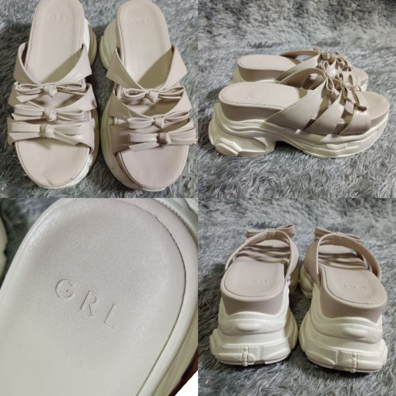 #รองเท้าส้นตึก แต่งโบว์ สีครีม#GRL SIZE 37 ยาว 23 ซม.