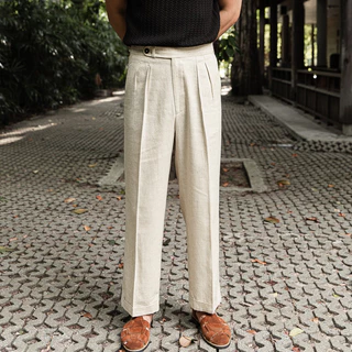 TOFFY & BROWN / REVERSE DOUBLE PLEATED LINEN TROUSERS กางเกงลินินทรงกระบอกตรงเอวสูง