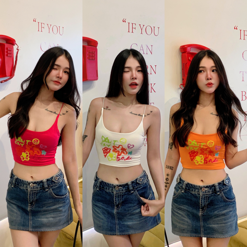 เสื้อสายเดี่ยว เสื้อใส่เล่นน้ำ เสื้อใส่เล่นสงกรานต์ สายเดี่ยว ผ้าเรย่อนยืดเยอะ ผ้าเรย่อน 2 ชั้น รุ่น เดี่ยวสั้นNEON