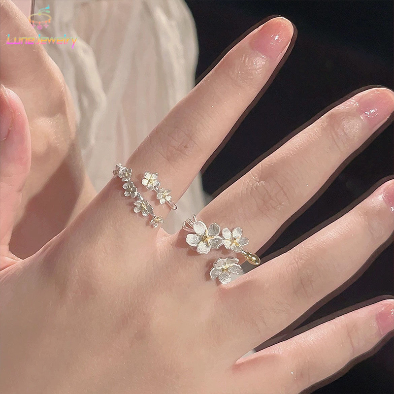 COD💖แหวนดอกไม้สามมิติสีเงินไอริสโบราณยุคกลางแหวนศาลย้อนยุคฝรั่งเศสสำหรับผู้หญิงแฟชั่นอุปกรณ์เสรริม-Lune