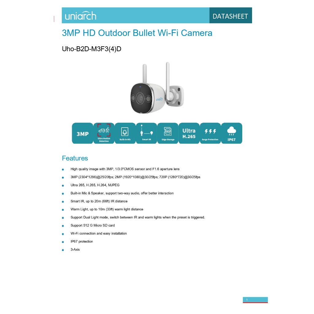 UNIARCH รุ่น B2D-M3F3(4)D กล้องวงจรปิด 3 MP Bullet Outdoor Wi-Fi Camera กันน้ำ IP67 คมชัด 2K กล้องทรงกระบอก CCTV ระบบ IP