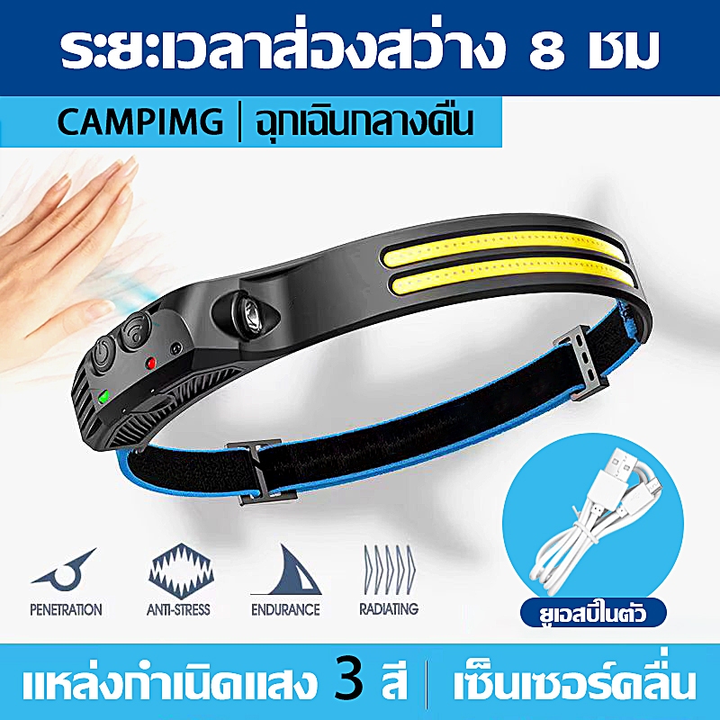 ไฟฉายสวมศีรษะ LED 1000Wน้ำหนัก 0.1KG สว่าง 5 แบบ กันน้ํา แบบชาร์จไฟได้ สําหรับขี่กลางคืน กลางแจ้ง เซนเซอร์ USB