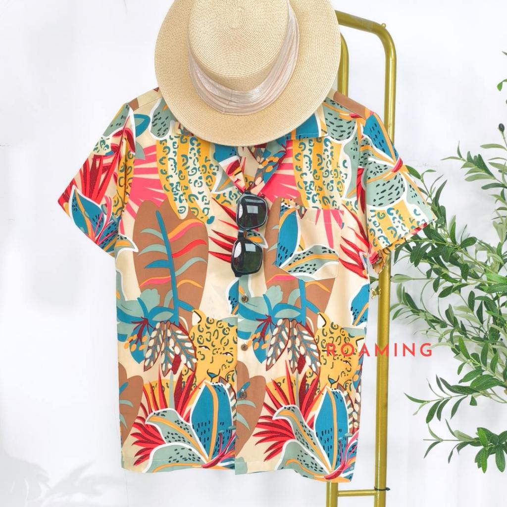 ROAMING HS10 เสื้อฮาวาย เสื้อครอบครัว ผ้าไหมอิตาลี ยับยาก ไม่ต้องรีด Italian Silk Hawaiian Shirts (ฟูลฟาวเวอร์แดง)